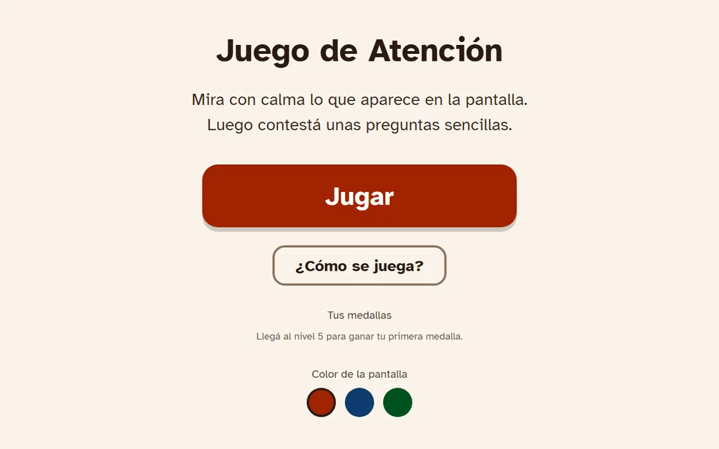 Pantalla de inicio del juego de entrenamiento de atención, con un botón grande de Jugar.